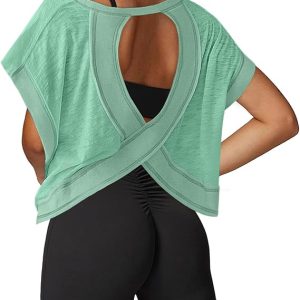 UNIANKIYA Open Back Workout Tops for Women Loose Fit Athletic Crop Tee Short Sleeve Gym Running Yoga Shirt
