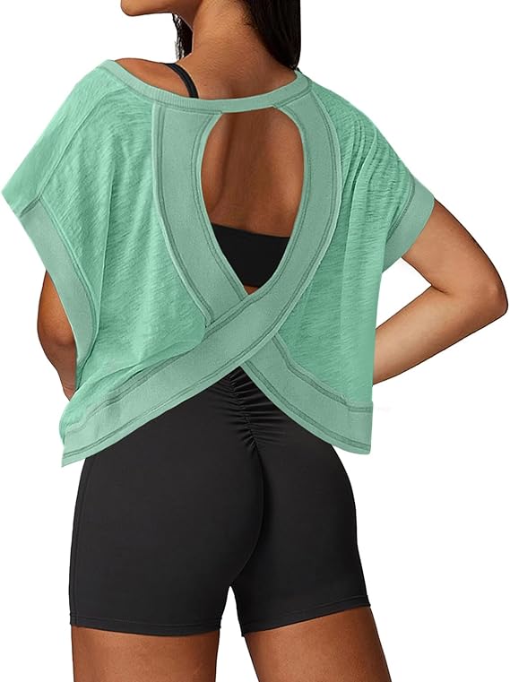 UNIANKIYA Open Back Workout Tops for Women Loose Fit Athletic Crop Tee Short Sleeve Gym Running Yoga Shirt