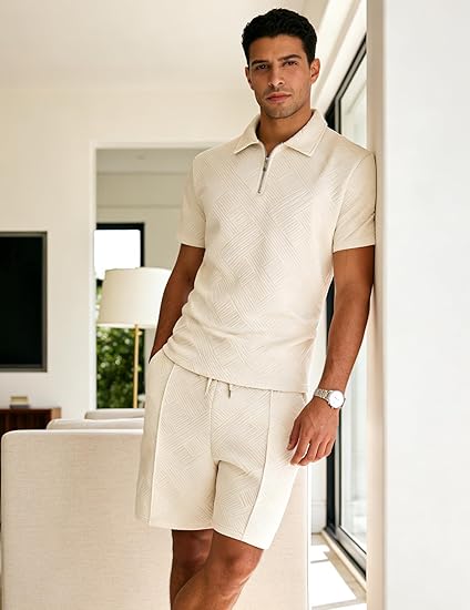 UOUA Mens Summer Track Suits 2 Piece Shorts Sets Short Sleeve Sweatsuit Outfits 1/4 Zip Golf Polo Shirts Loungewear - Image 3