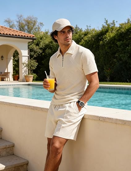 UOUA Mens Summer Track Suits 2 Piece Shorts Sets Short Sleeve Sweatsuit Outfits 1/4 Zip Golf Polo Shirts Loungewear - Image 4