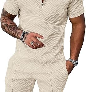 UOUA Mens Summer Track Suits 2 Piece Shorts Sets Short Sleeve Sweatsuit Outfits 1/4 Zip Golf Polo Shirts Loungewear